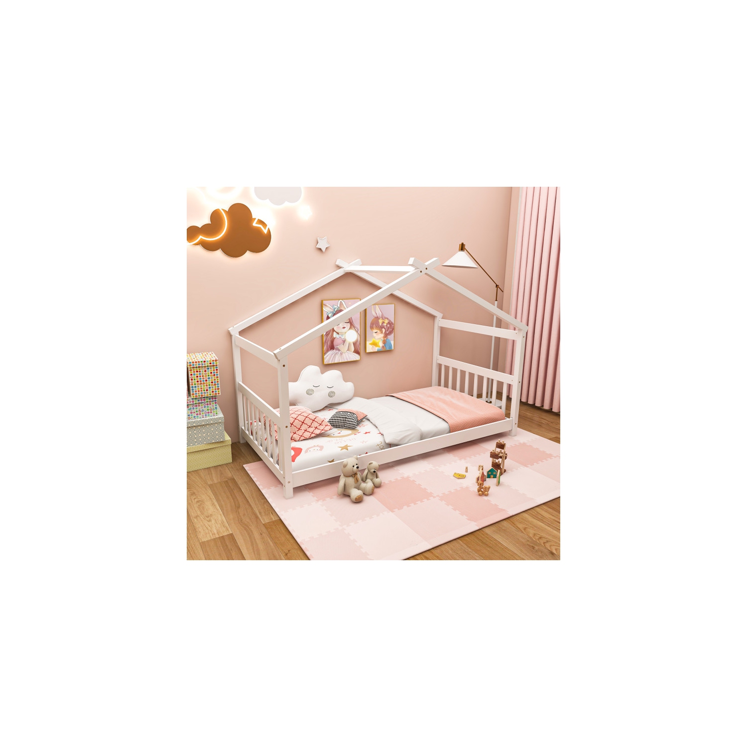 Wooden House Bed Frame with Roof Design for Kids Bedroom