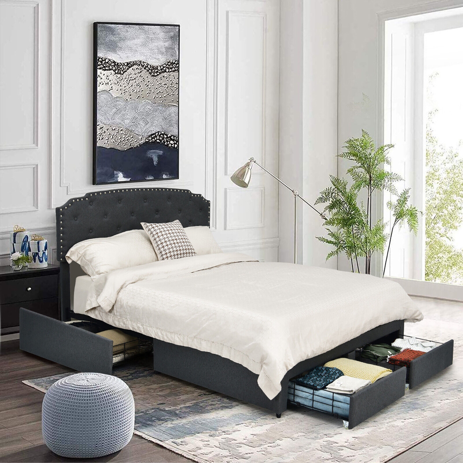 Modern Platform Bed Frame with 4 Storage Drawers and Adjustable Headboard