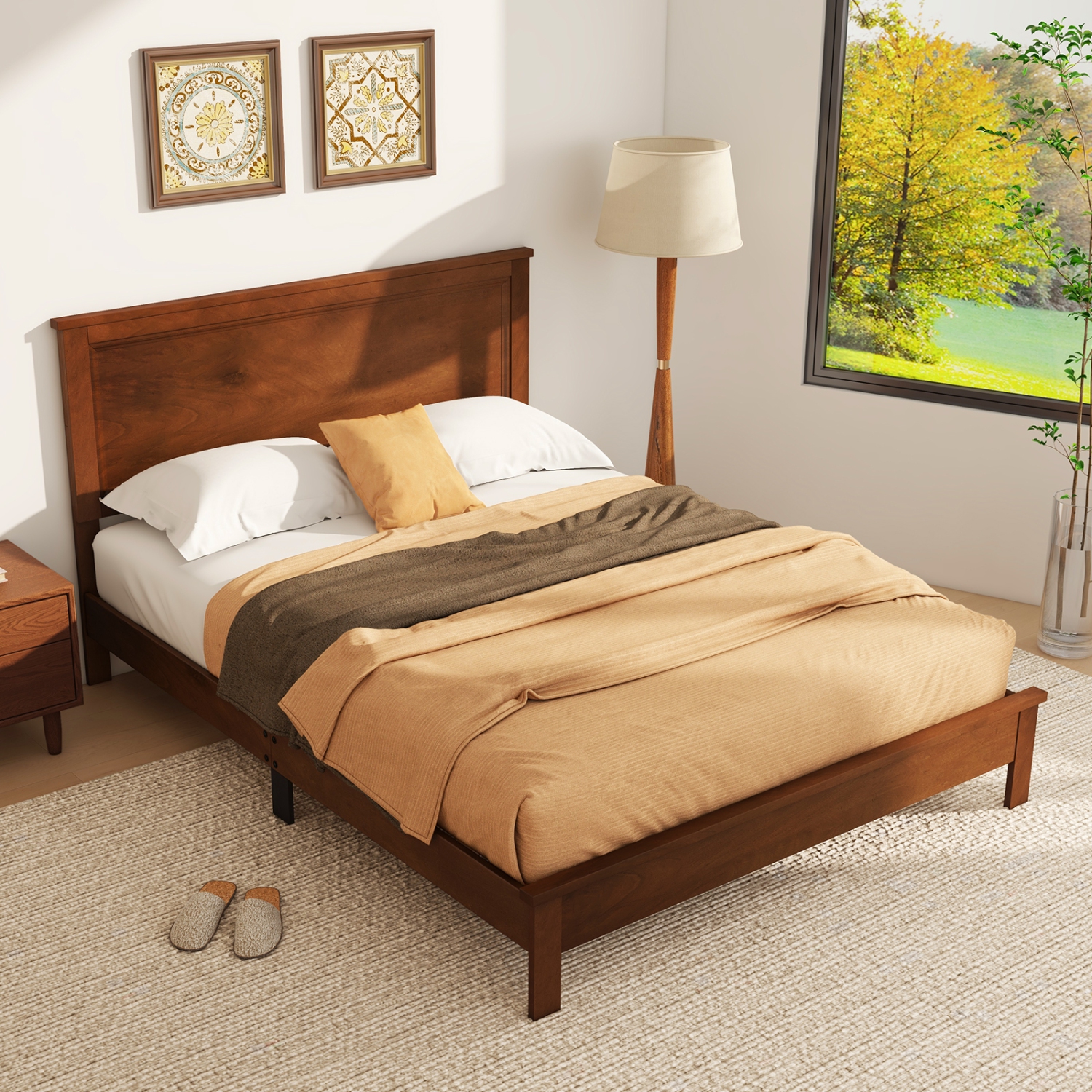 Platform Bed Frame with Slats, High Headboard, and Rubber wood Legs