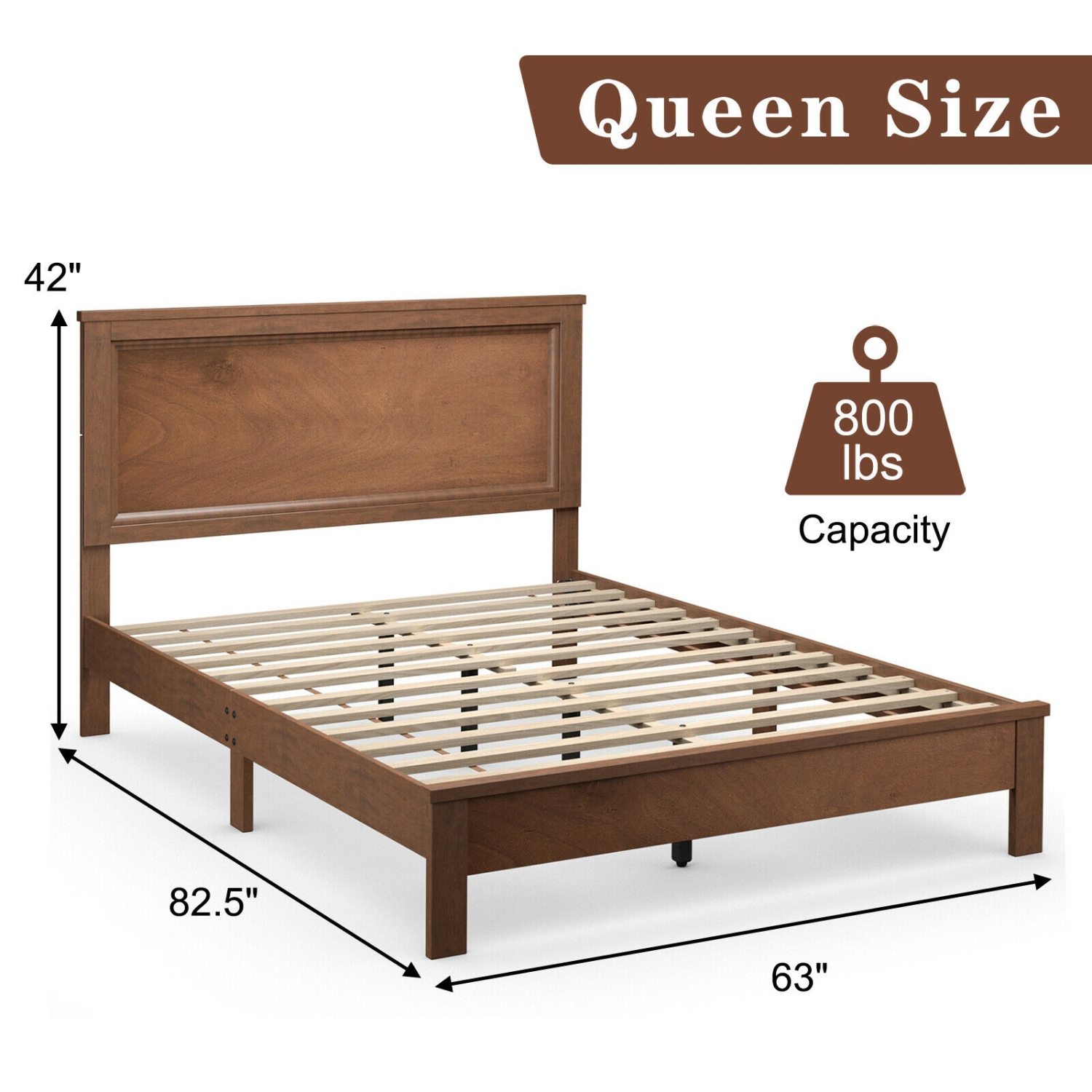 Platform Bed Frame with Slats, High Headboard, and Rubber wood Legs