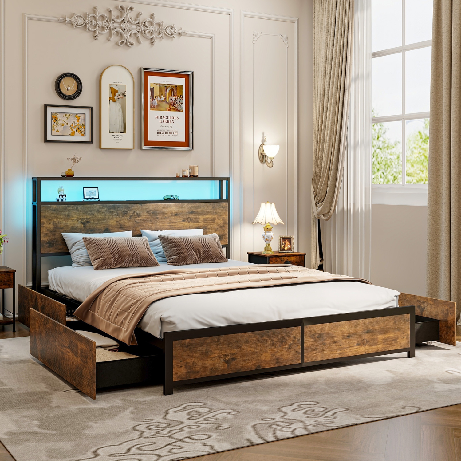 Modern Bed Frame with Smart LED Lights and Storage Drawers for Bedroom