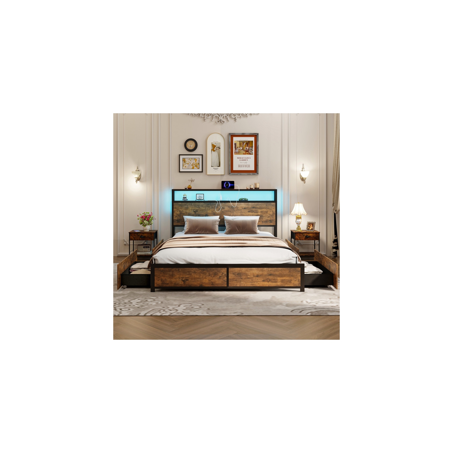 Modern Bed Frame with Smart LED Lights and Storage Drawers for Bedroom