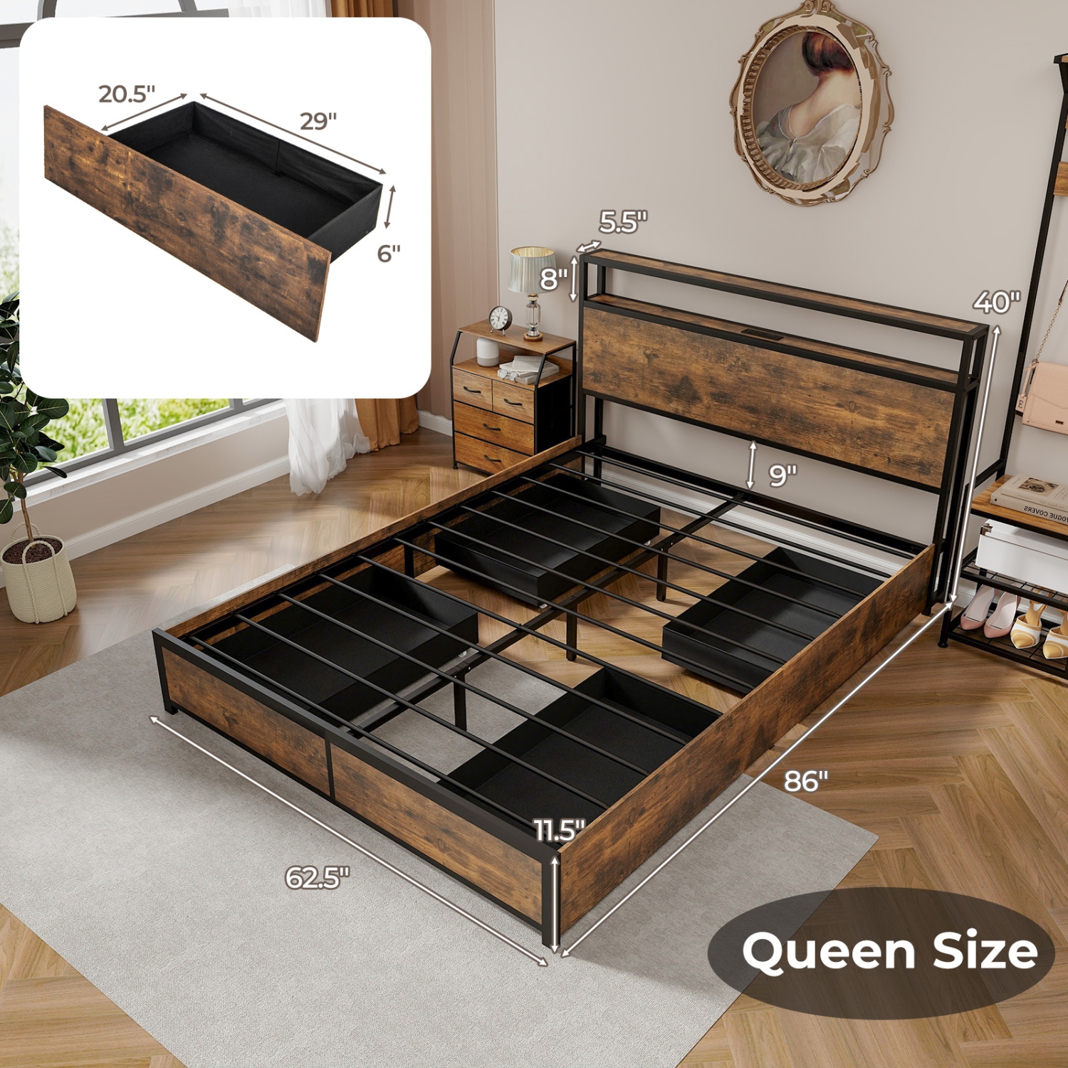 Modern Bed Frame with Smart LED Lights and Storage Drawers for Bedroom