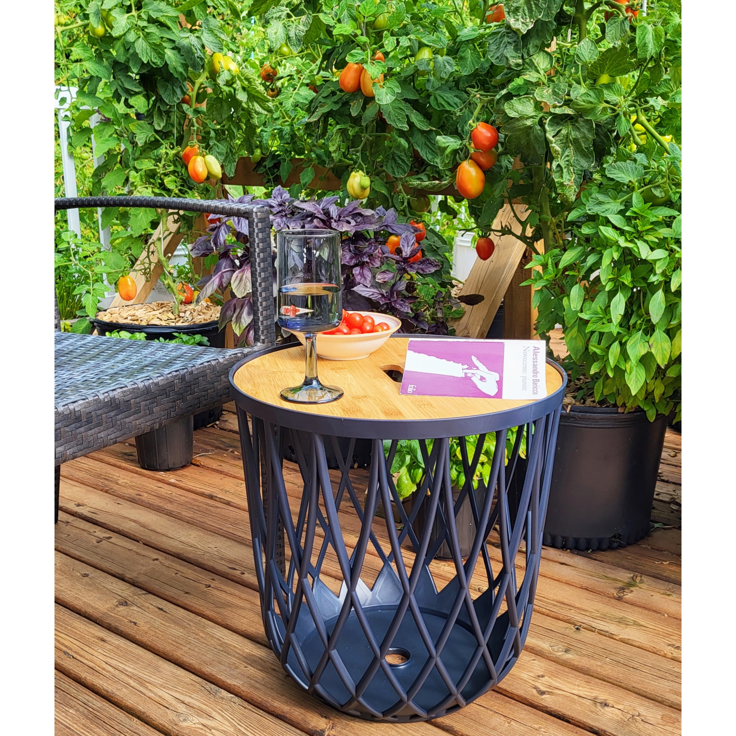 PRISP Timballa Storage Basket Table - Round Coffee Table, Side Table, End Table with Bamboo Lid, for Living Room, Bedroom, Patio & Balcony Decor