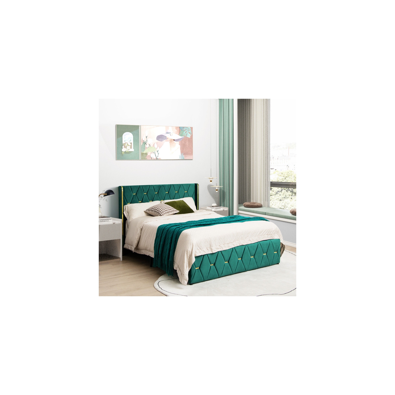 Upholstered Platform Bed Frame with Adjustable Padded Headboard