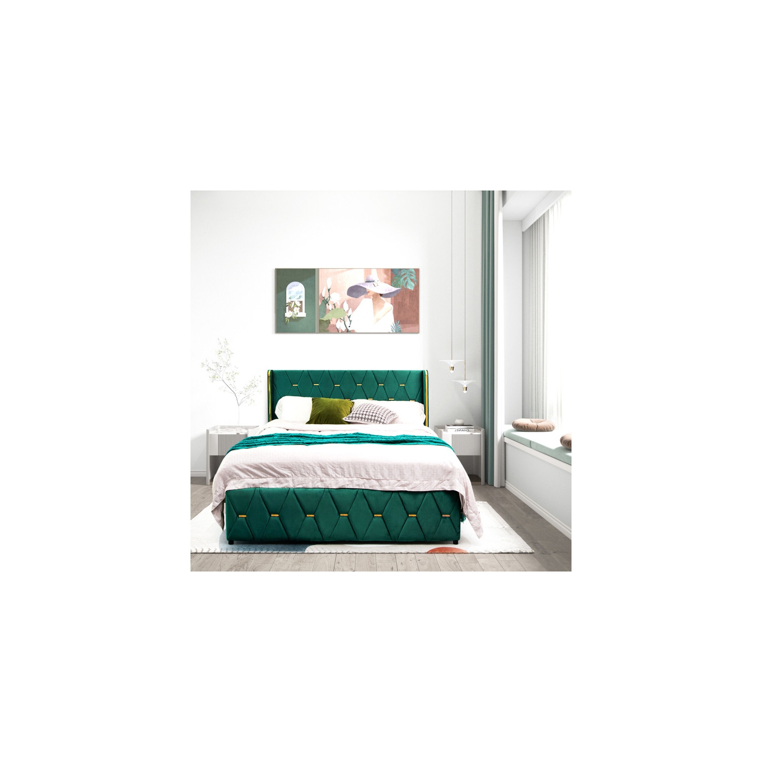 Upholstered Platform Bed Frame with Adjustable Padded Headboard