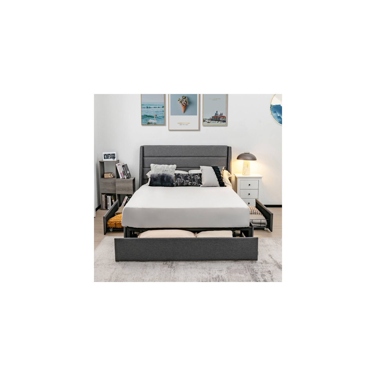 Upholstered Platform Bed Frame with 3 Storage Drawers and Headboard