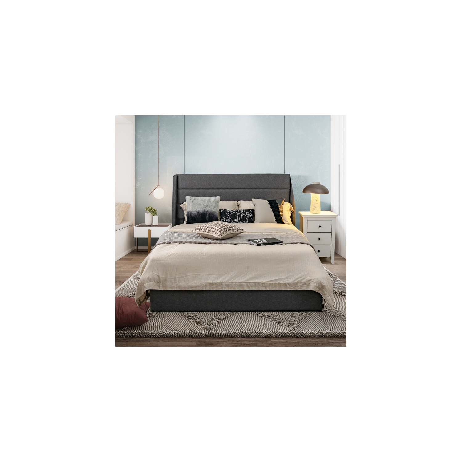 Upholstered Platform Bed Frame with 3 Storage Drawers and Headboard