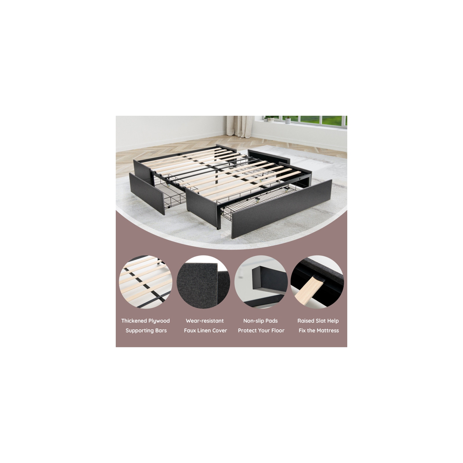 Upholstered Platform Bed Frame with 3 Storage Drawers and Headboard