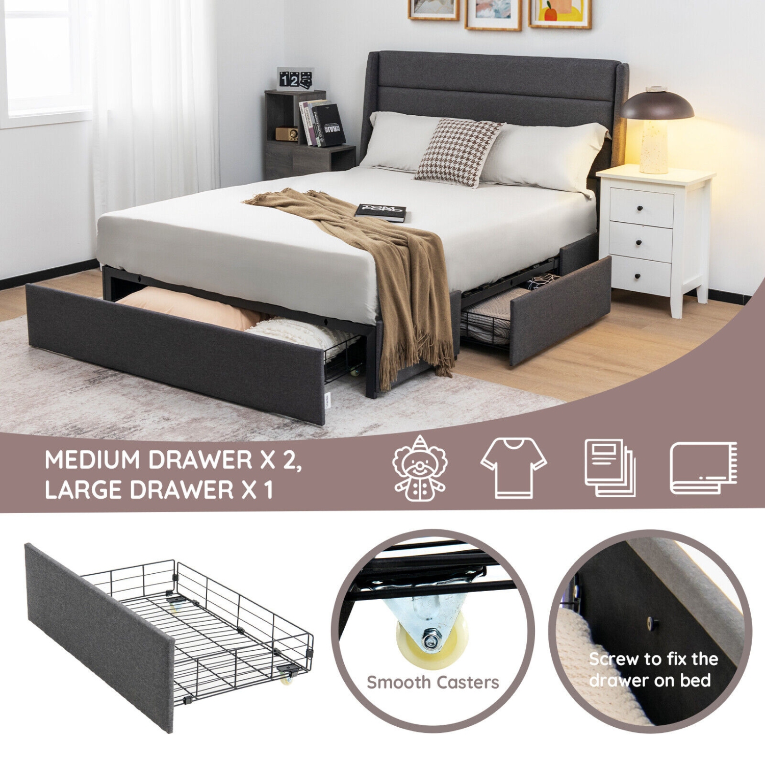 Upholstered Platform Bed Frame with 3 Storage Drawers and Headboard