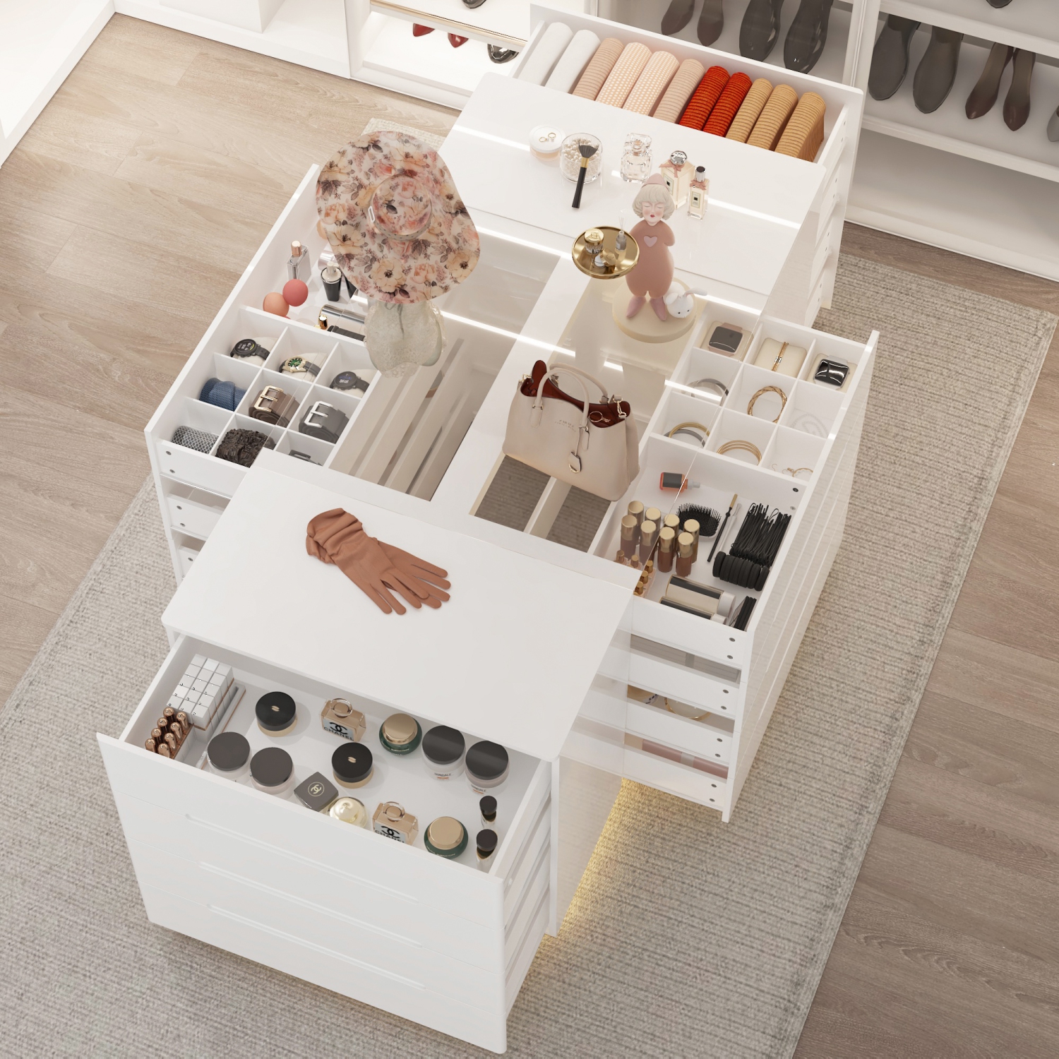 Famapy Elegant 16-Drawer White Jewelry Armoire with LED Lighting – Ample Storage, Soft-Close Drawers & UL-Certified Plug,,White