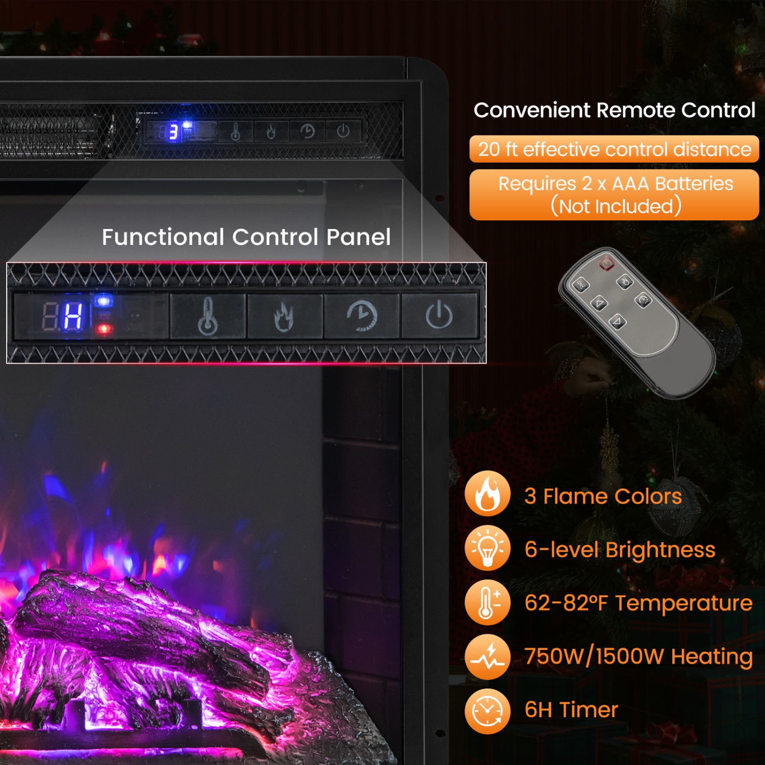 Foyer électrique encastré avec luminosité de flamme réglable et télécommande