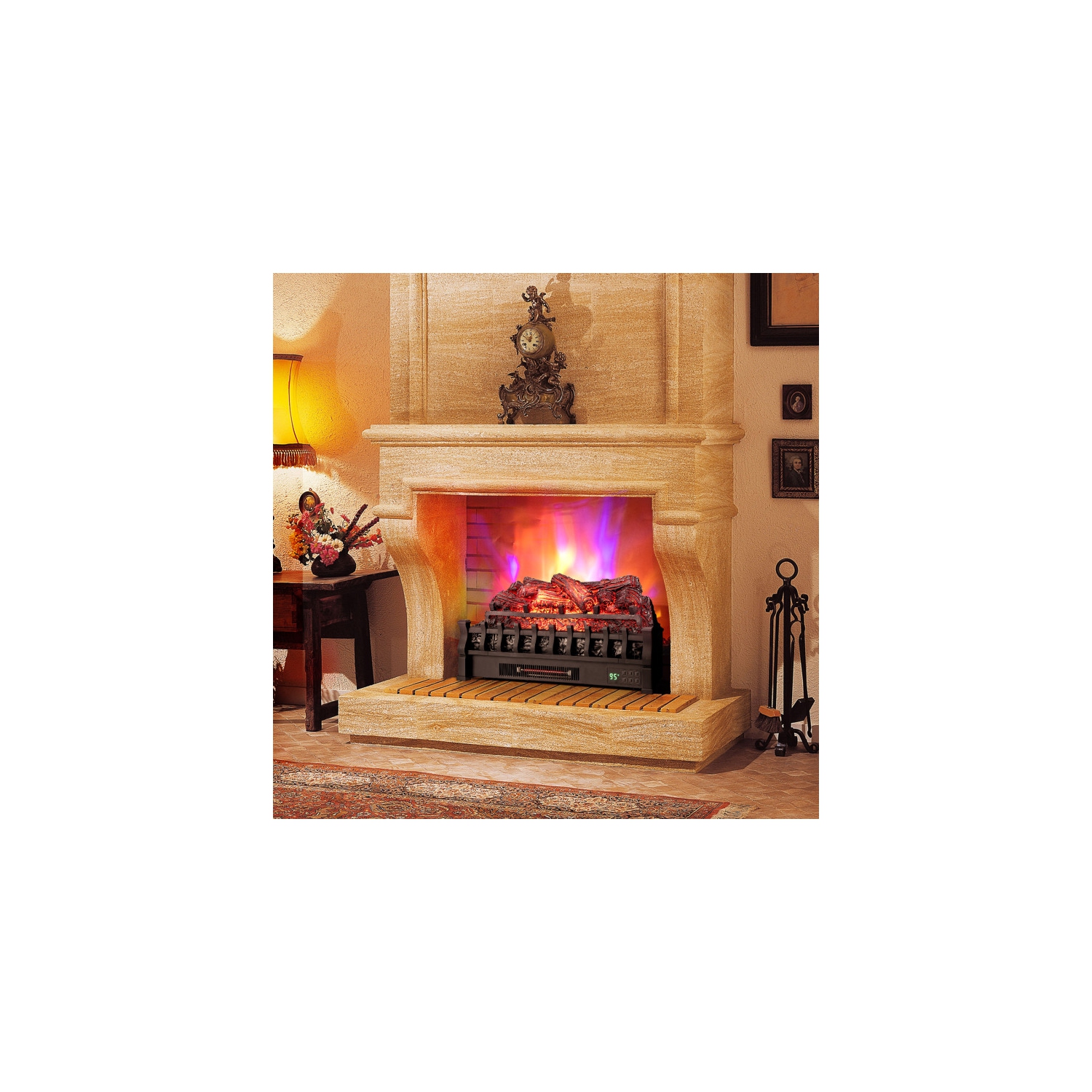 Foyer électrique à quartz infrarouge avec lit en bois de pin réaliste