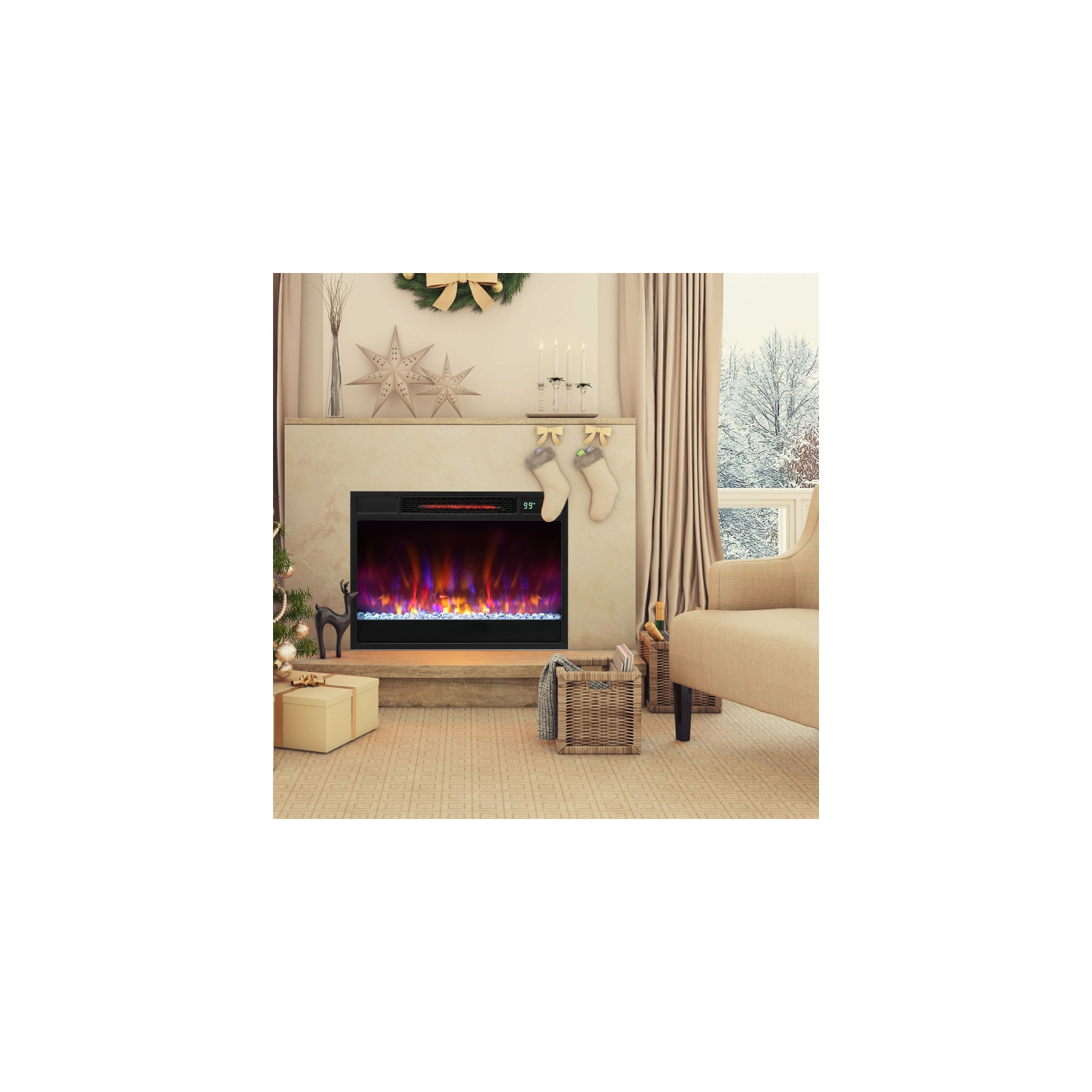 1500W Recessed Electric Fireplace Insert with Remote Control and Timer