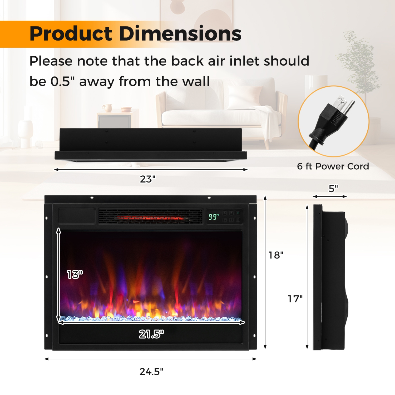 1500W Recessed Electric Fireplace Insert with Remote Control and Timer