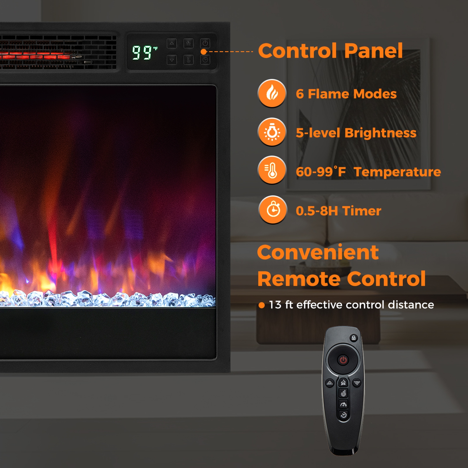 1500W Recessed Electric Fireplace Insert with Remote Control and Timer