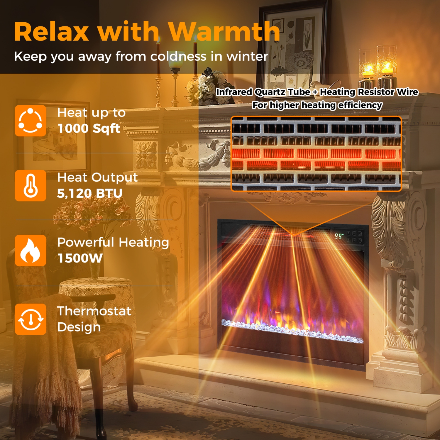 1500W Recessed Electric Fireplace Insert with Remote Control and Timer