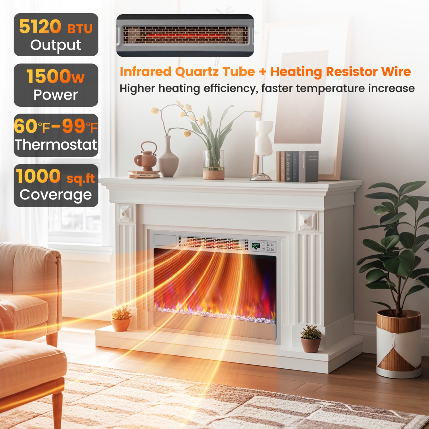 1500W Recessed Electric Fireplace Insert with Remote Control and Timer