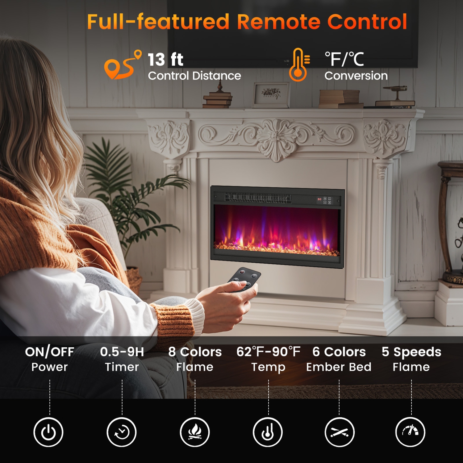 1500W Electric Fireplace Insert with Remote for Cozy Indoor Heat