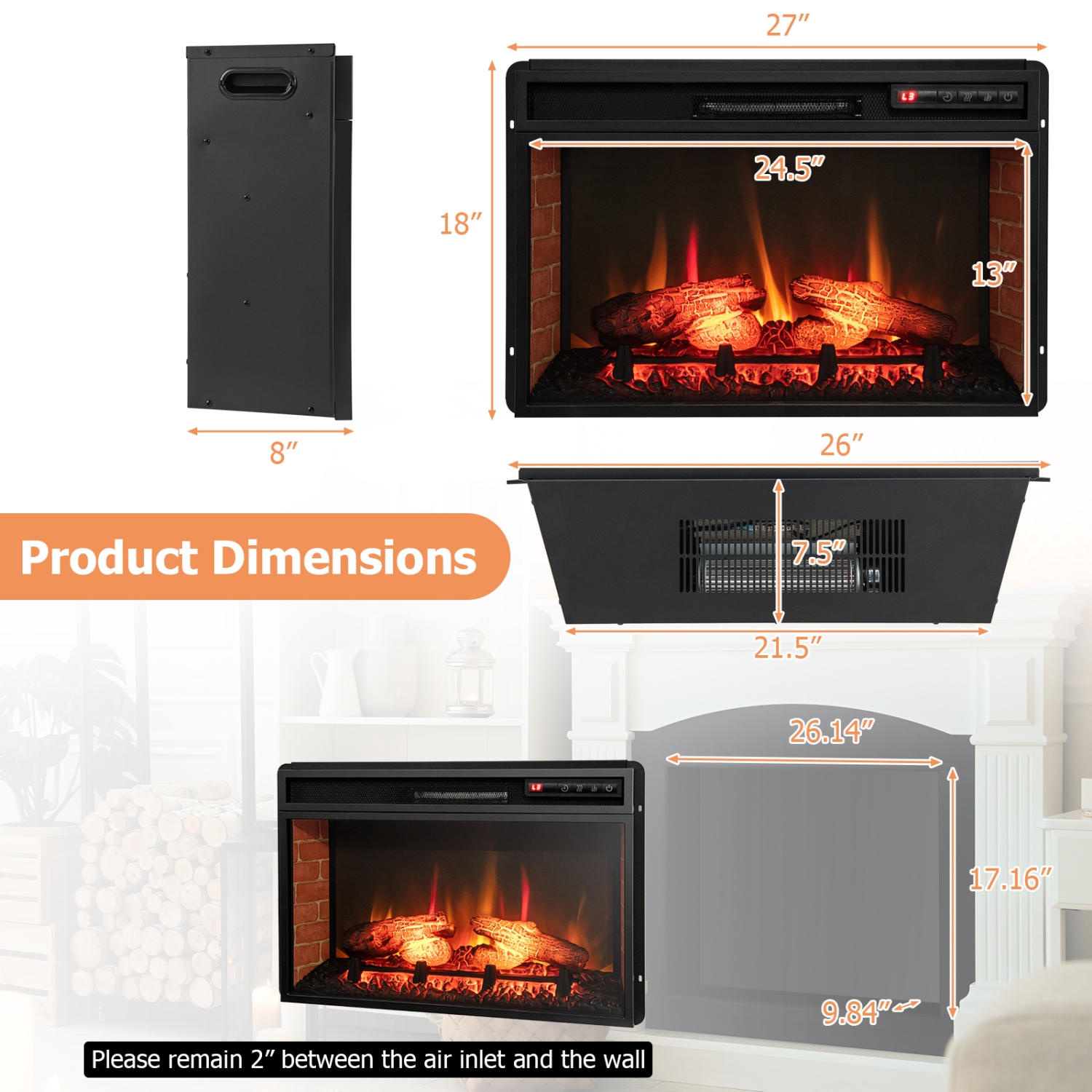 Infrared Electric Fireplace Insert with Remote Control and Adjustable Flame