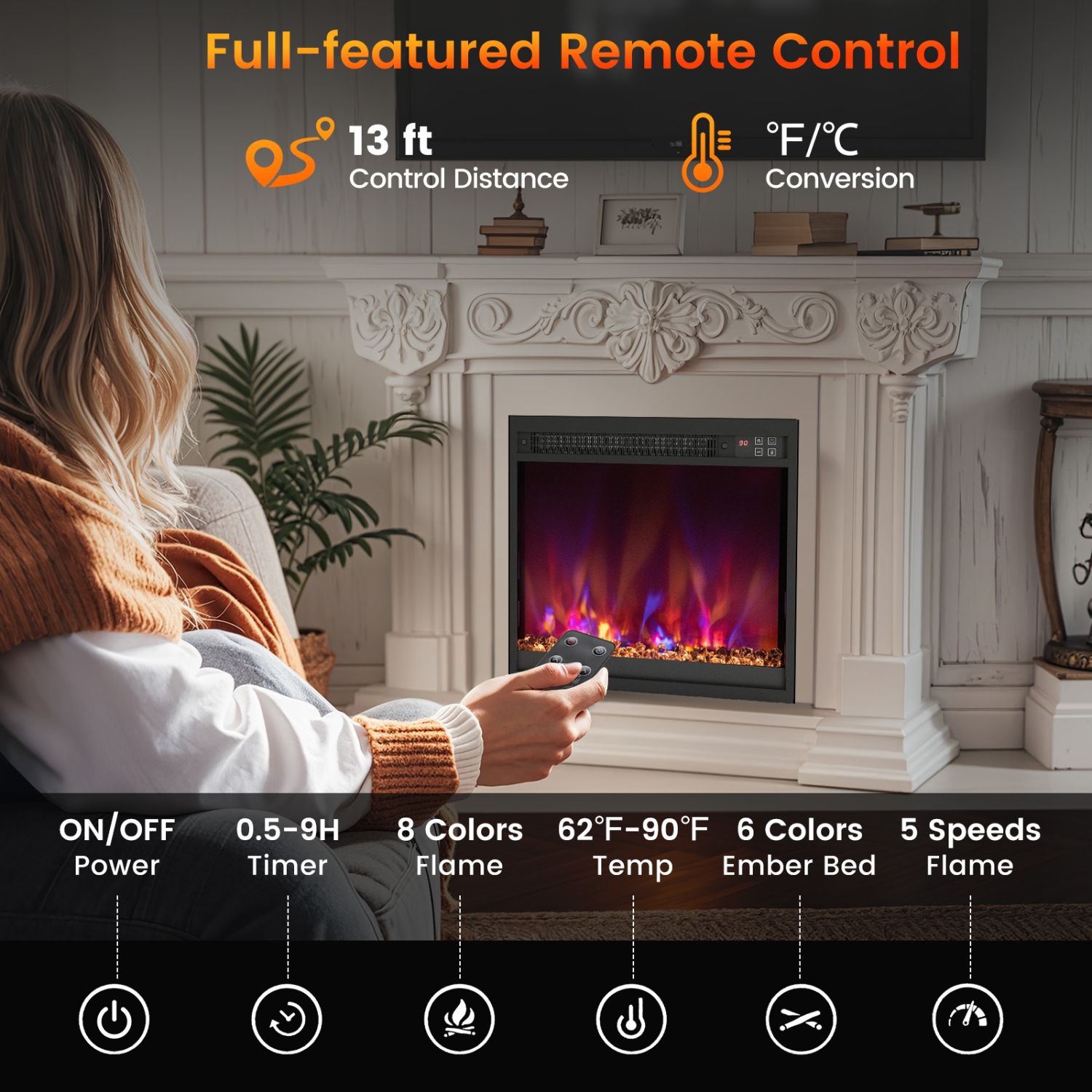 1500W Electric Fireplace Insert with Remote Control for Home Heating