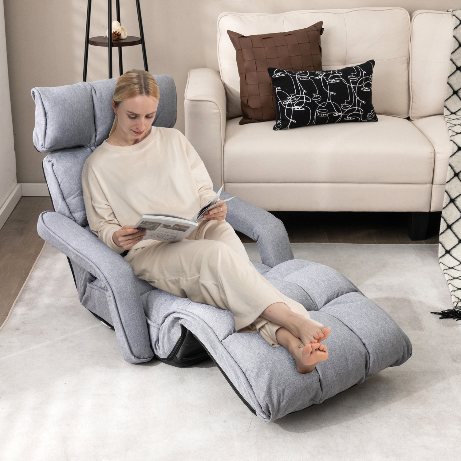Reclining Floor Chair with 6 Adjustable Positions, Armrests, and Footrest