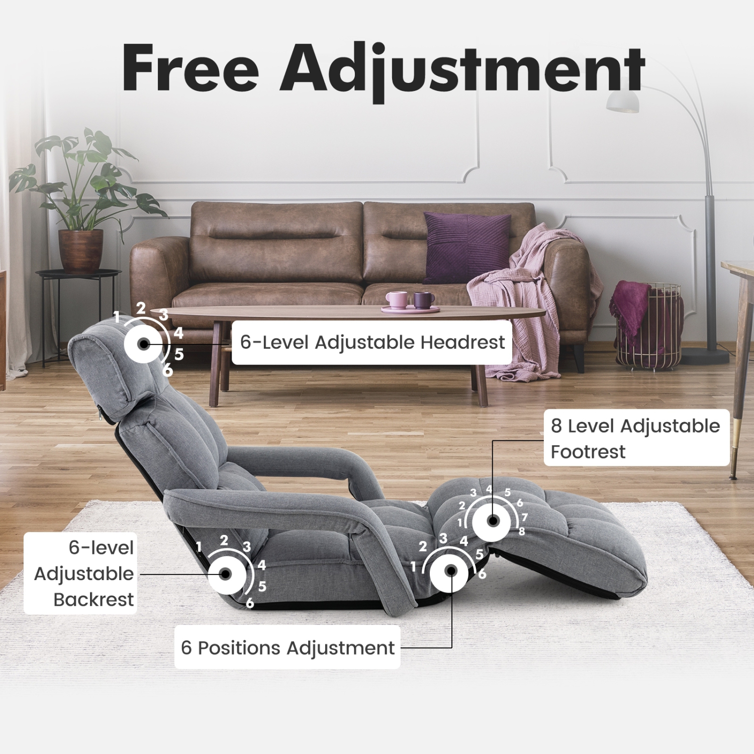Reclining Floor Chair with 6 Adjustable Positions, Armrests, and Footrest