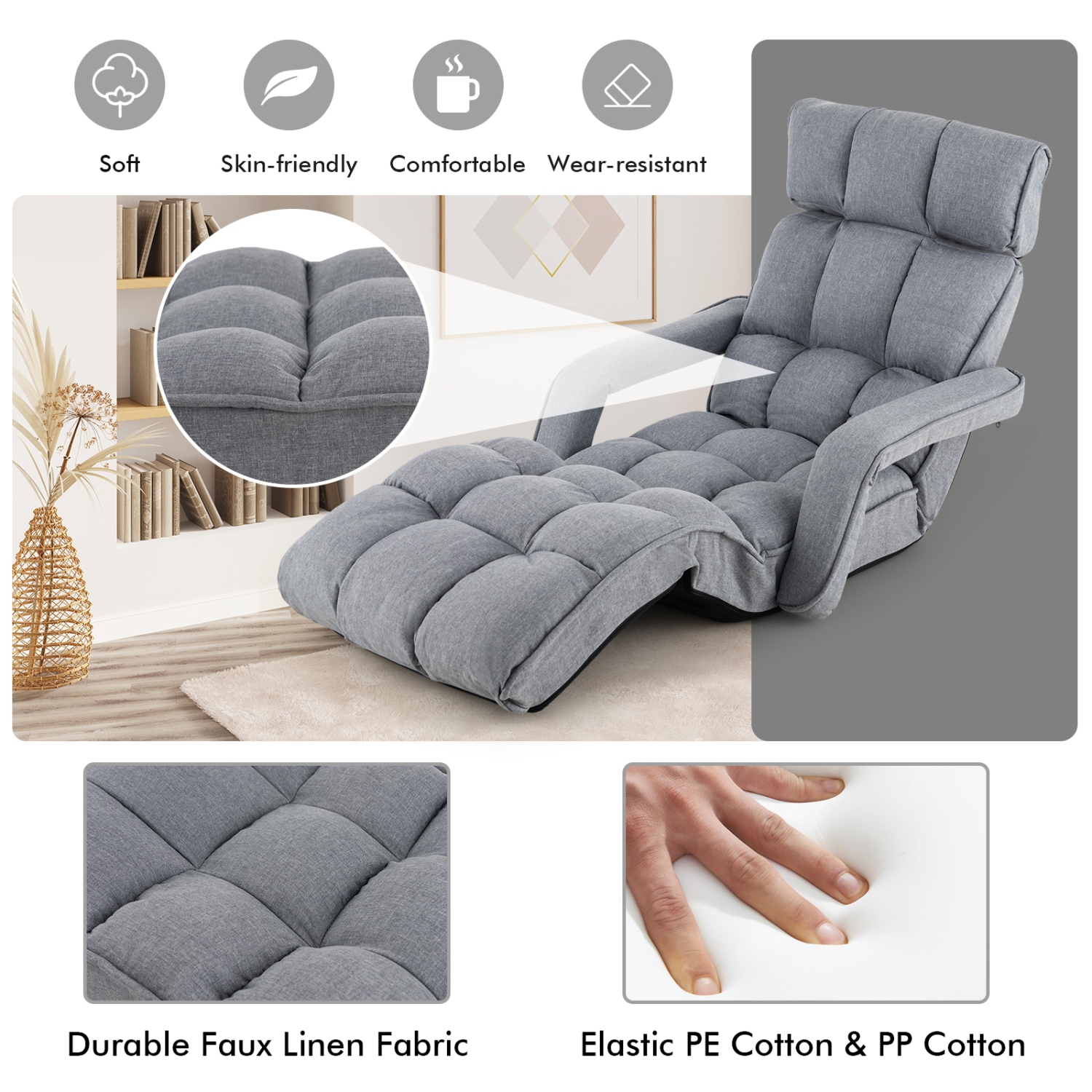 Reclining Floor Chair with 6 Adjustable Positions, Armrests, and Footrest