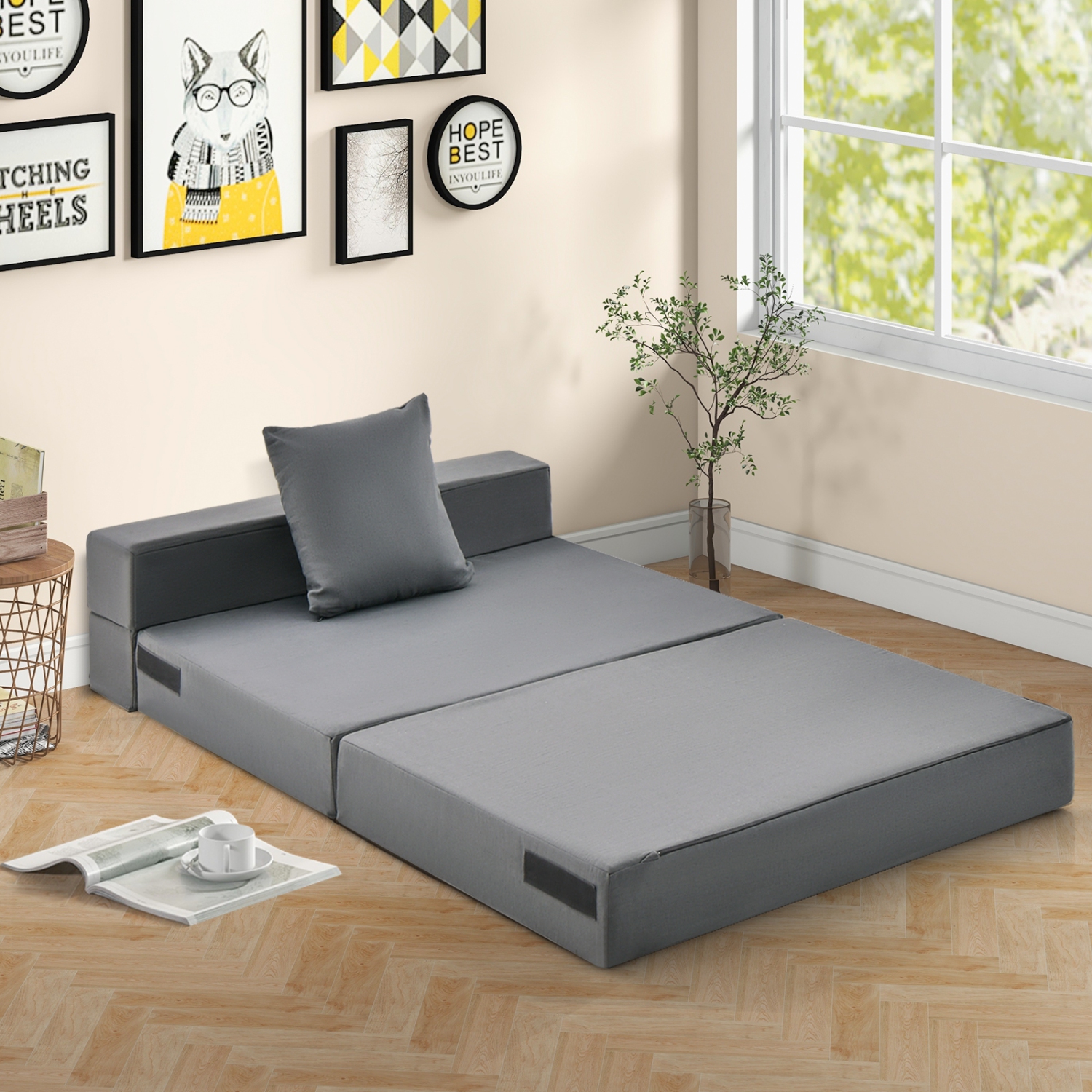 Space-Saving Tri-Fold Sofa Bed with Comfortable Mattress and Pillow