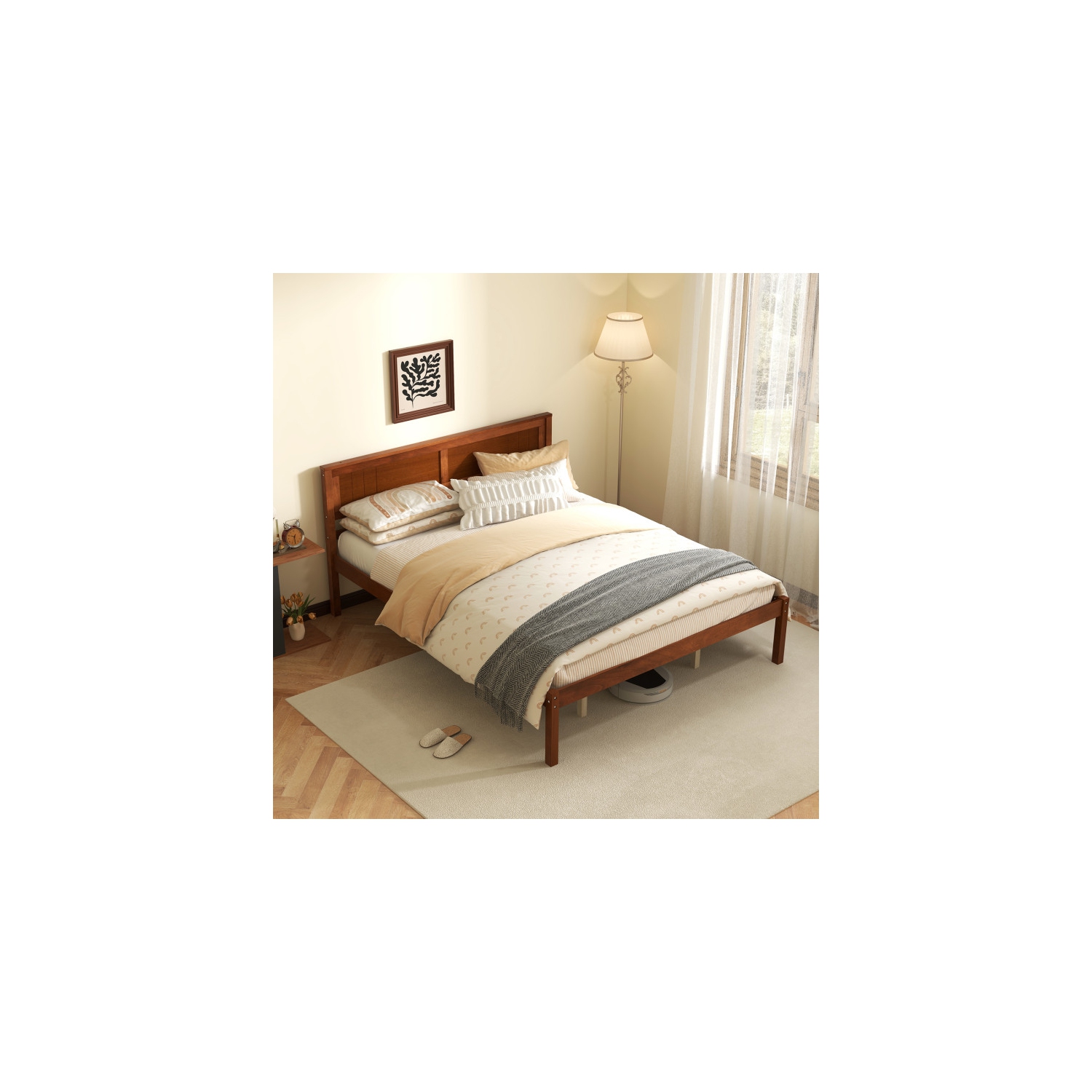 Cadre de lit robuste avec tête de lit en bois et base à lattes