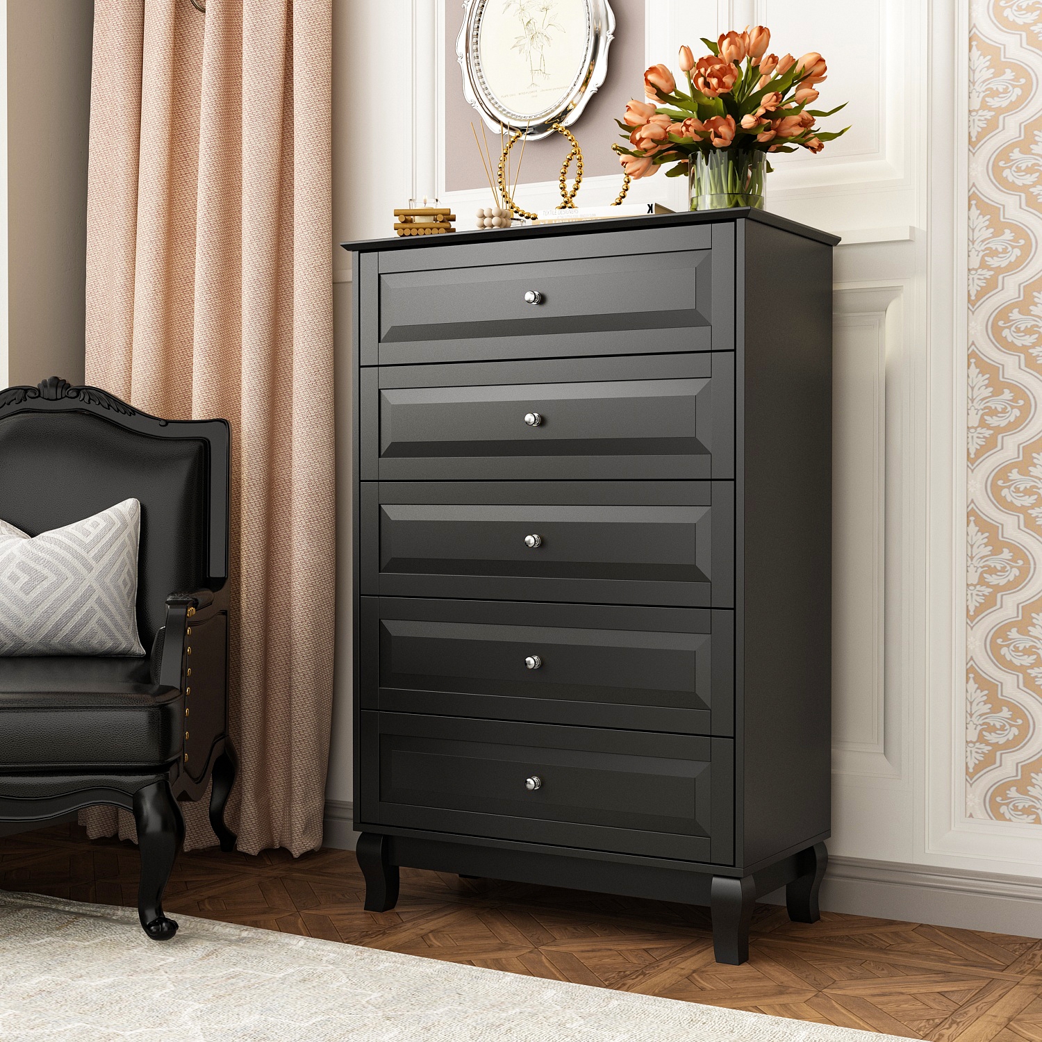 Commode moderne noire à 5 tiroirs avec poignées dorées et pattes en bois massif Famapy – Solution de rangement polyvalente pour la chambre, le bureau