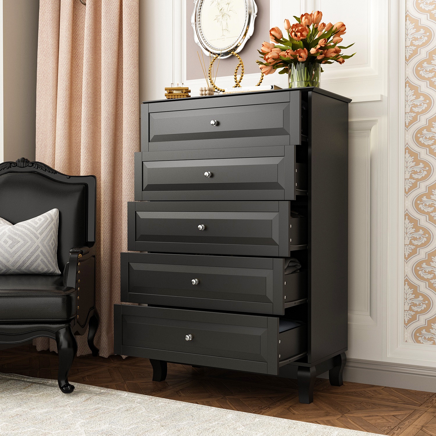 Commode moderne noire à 5 tiroirs avec poignées dorées et pattes en bois massif Famapy – Solution de rangement polyvalente pour la chambre, le bureau