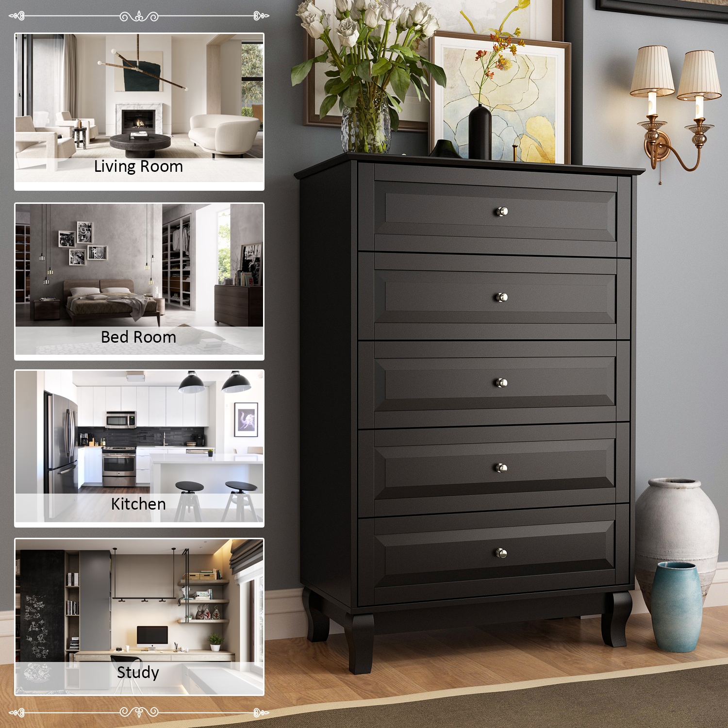 Commode moderne noire à 5 tiroirs avec poignées dorées et pattes en bois massif Famapy – Solution de rangement polyvalente pour la chambre, le bureau