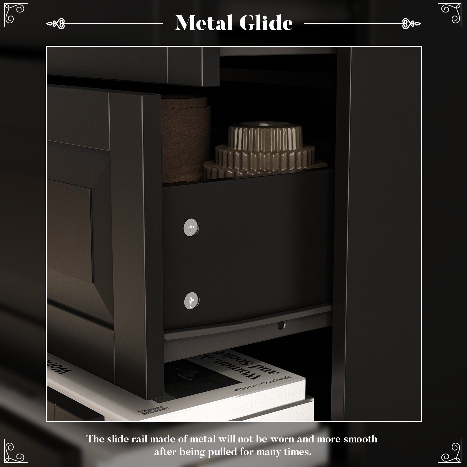 Commode moderne noire à 5 tiroirs avec poignées dorées et pattes en bois massif Famapy – Solution de rangement polyvalente pour la chambre, le bureau