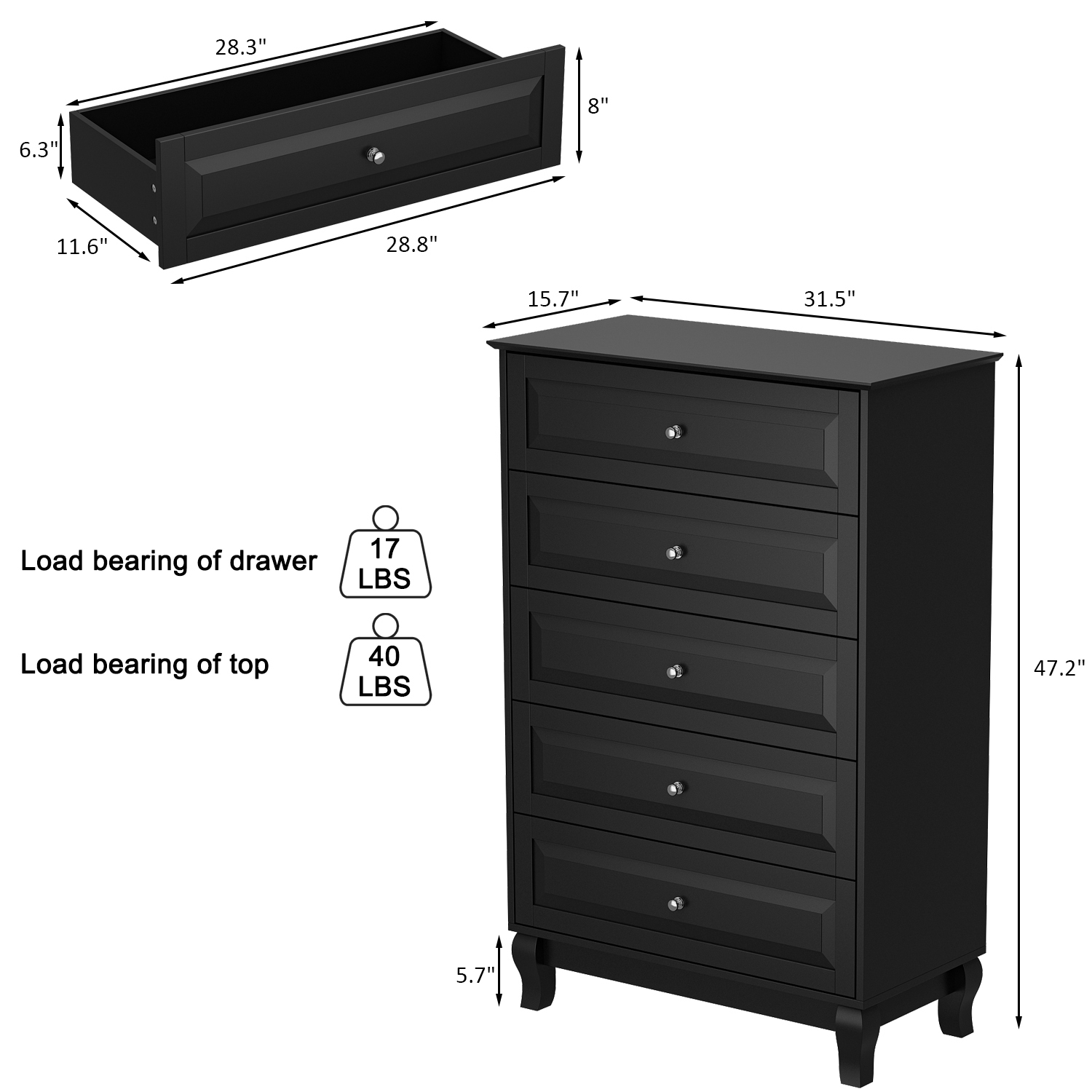Commode moderne noire à 5 tiroirs avec poignées dorées et pattes en bois massif Famapy – Solution de rangement polyvalente pour la chambre, le bureau