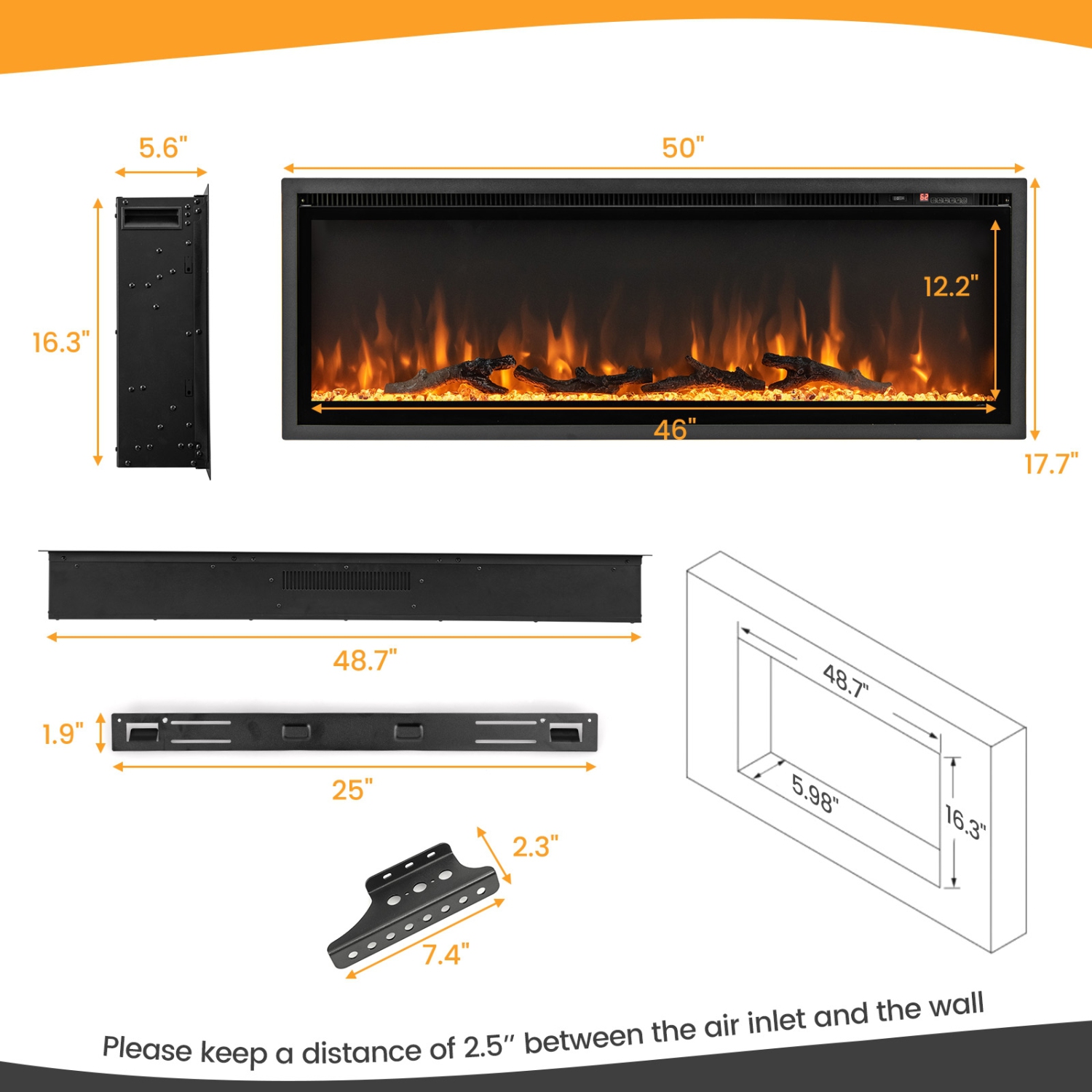 In-Wall Recessed Electric Fireplace with Remote, Adjustable Flame Color and Brightness