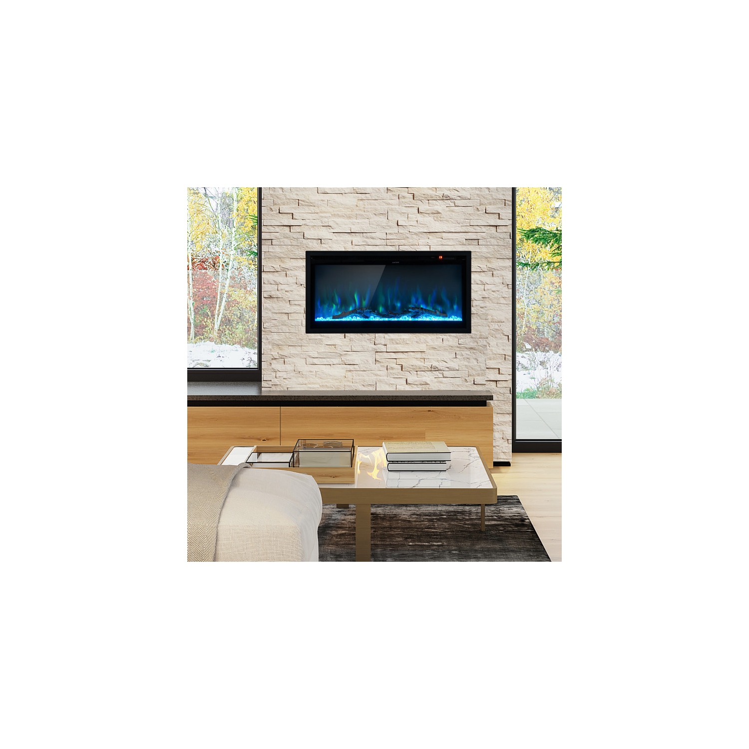 Foyer électrique encastré moderne avec télécommande et réglages de flamme personnalisés