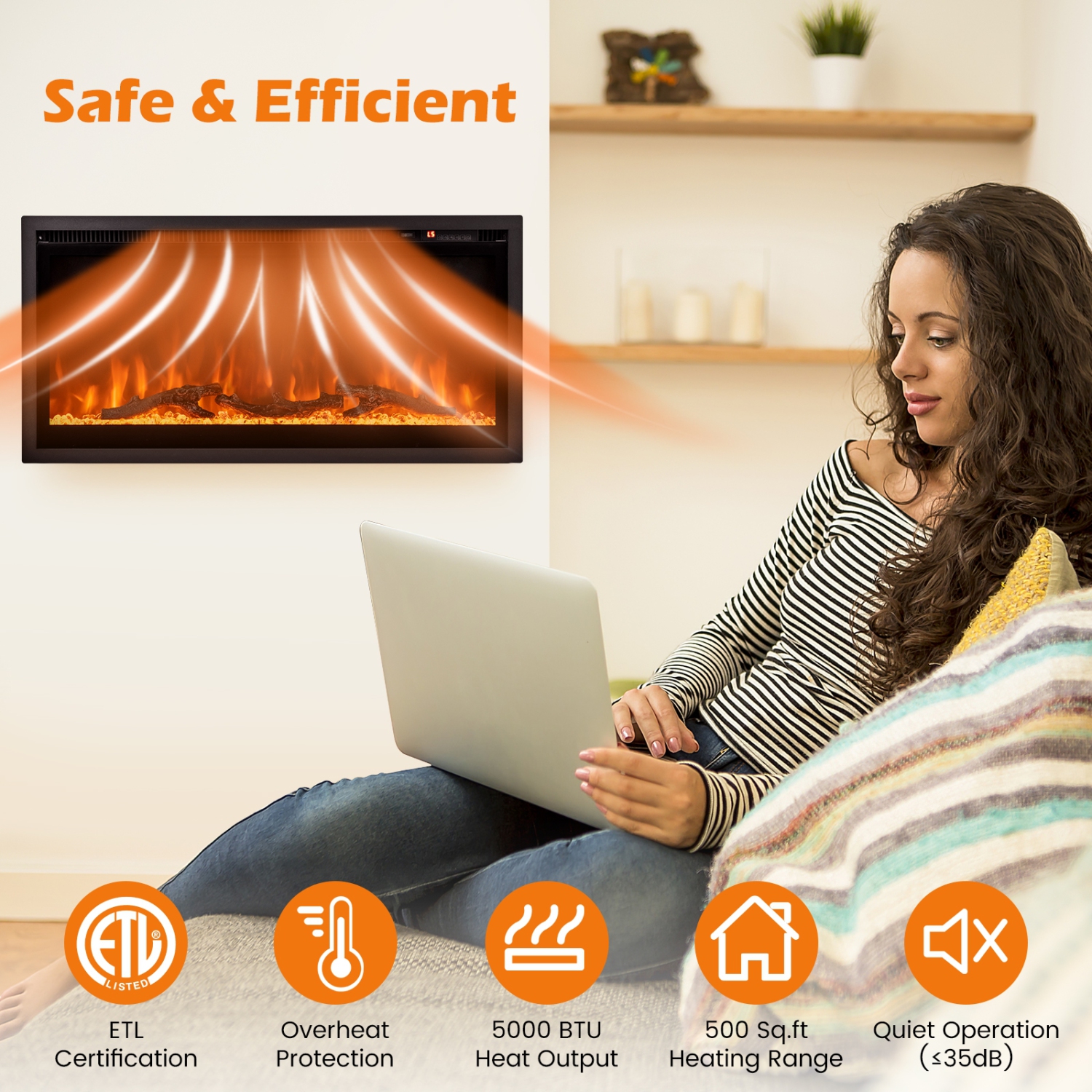 Foyer électrique encastré moderne avec télécommande et réglages de flamme personnalisés