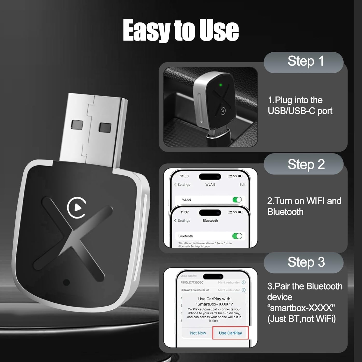 Wireless CarPlay adapter for Apple iPhone, Carplay Wireless Adapter with USB & Type-C Extension Cable