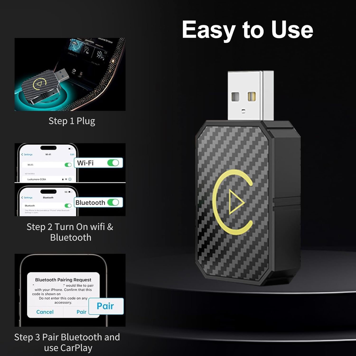 Wireless CarPlay Adapter for Apple iPhone, No Lag for Convert Wired to Wireless CarPlay Adapter from iOS10+