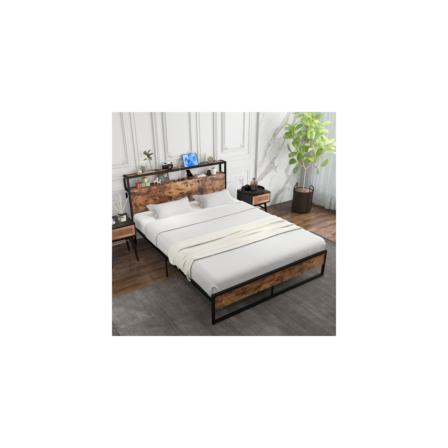 Cadre de lit moderne avec tête de lit avec rangement et ports de recharge pratiques