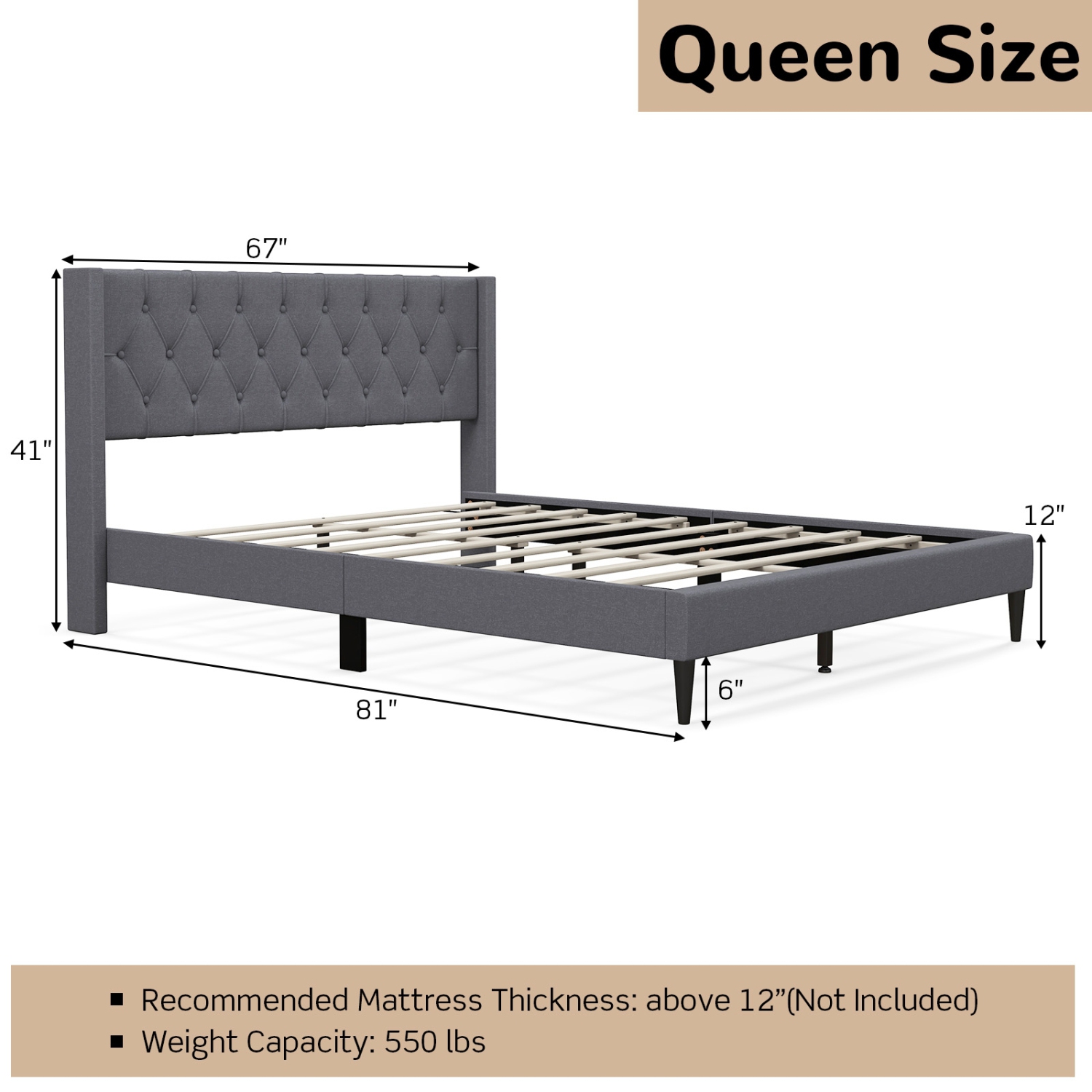 Platform Bed with Upholstered Frame and Button Tufted Wing back Headboard