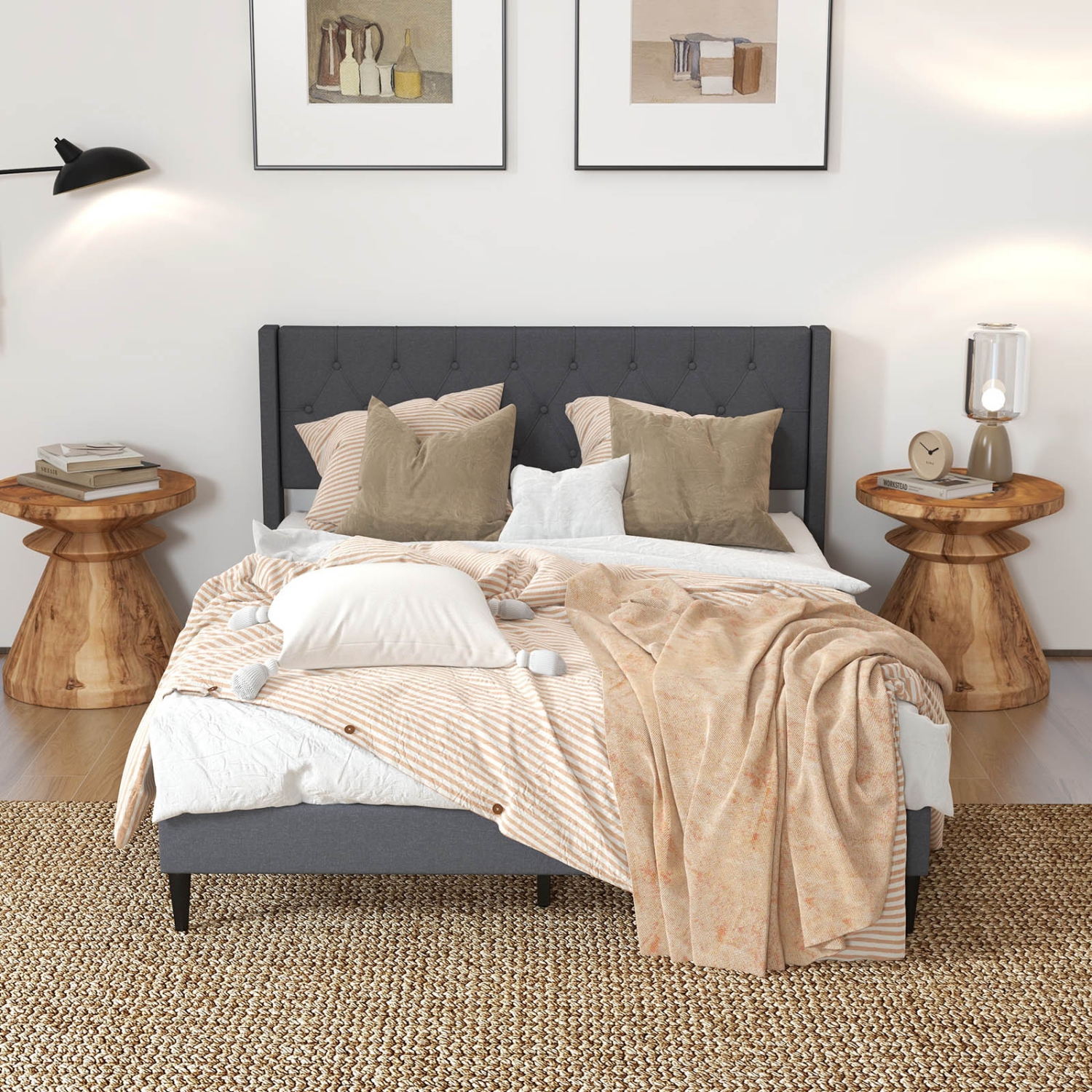 Platform Bed with Upholstered Frame and Button Tufted Wing back Headboard