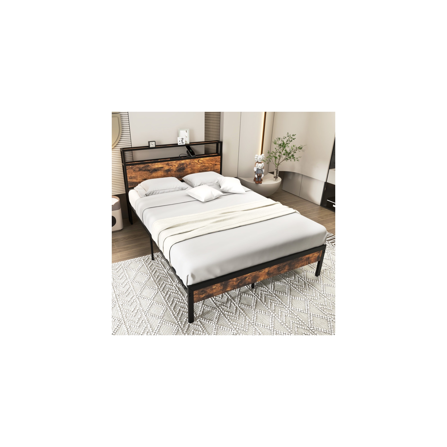 Space-Saving Bed with Storage Headboard and Integrated Charging Station