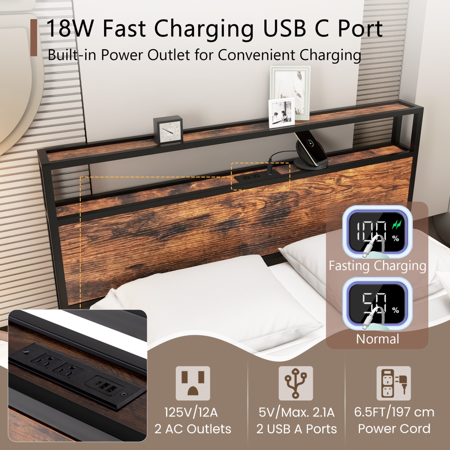 Space-Saving Bed with Storage Headboard and Integrated Charging Station