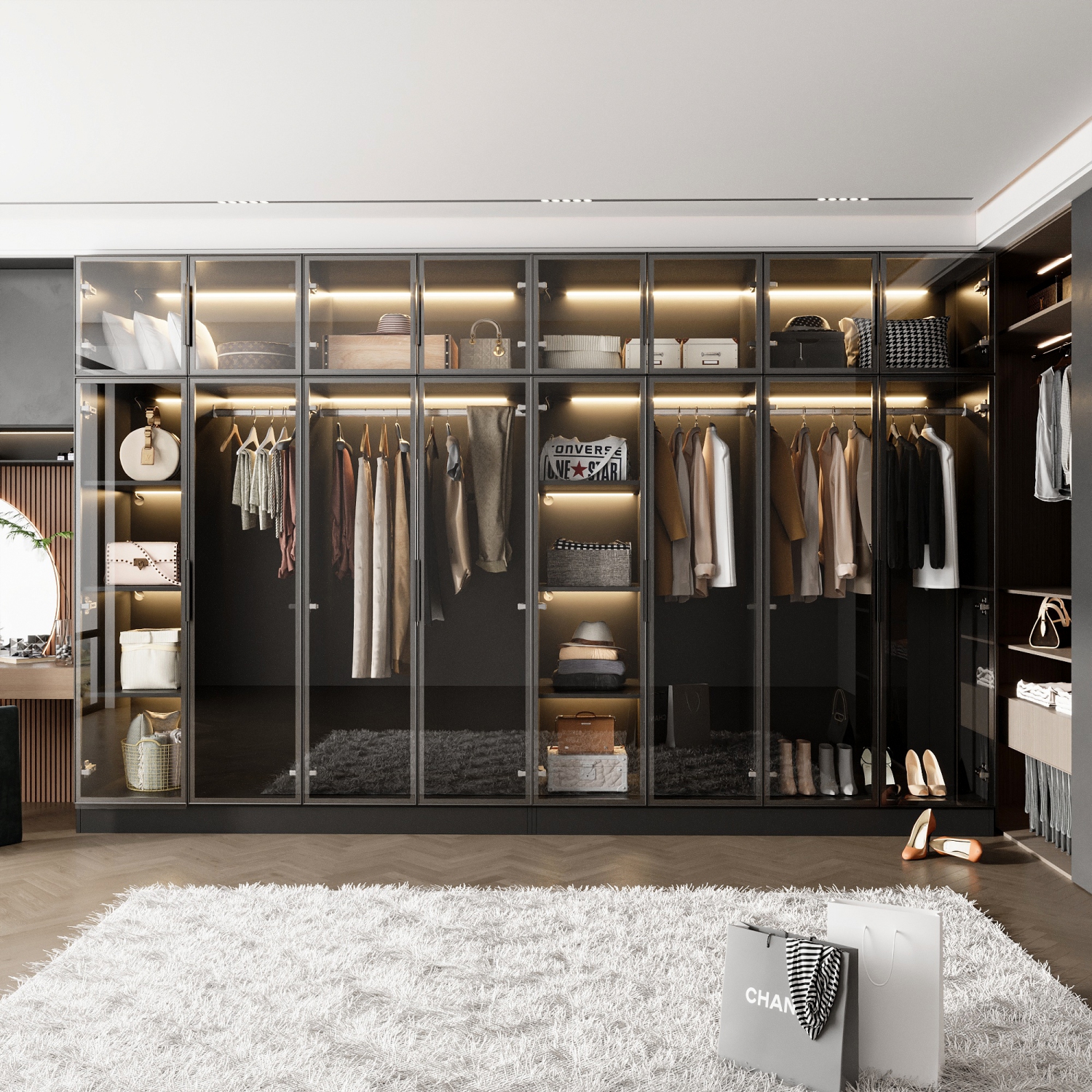 Armoire moderne noire Famapy avec éclairage intelligent et portes en verre – Amplement d'espace de rangement et design écologique, noir