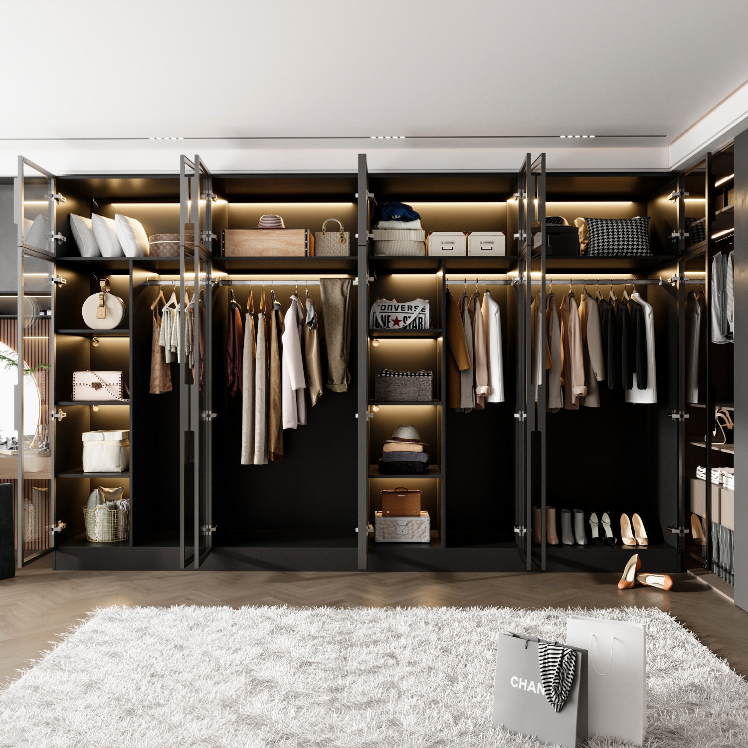 Armoire moderne noire Famapy avec éclairage intelligent et portes en verre – Amplement d'espace de rangement et design écologique, noir