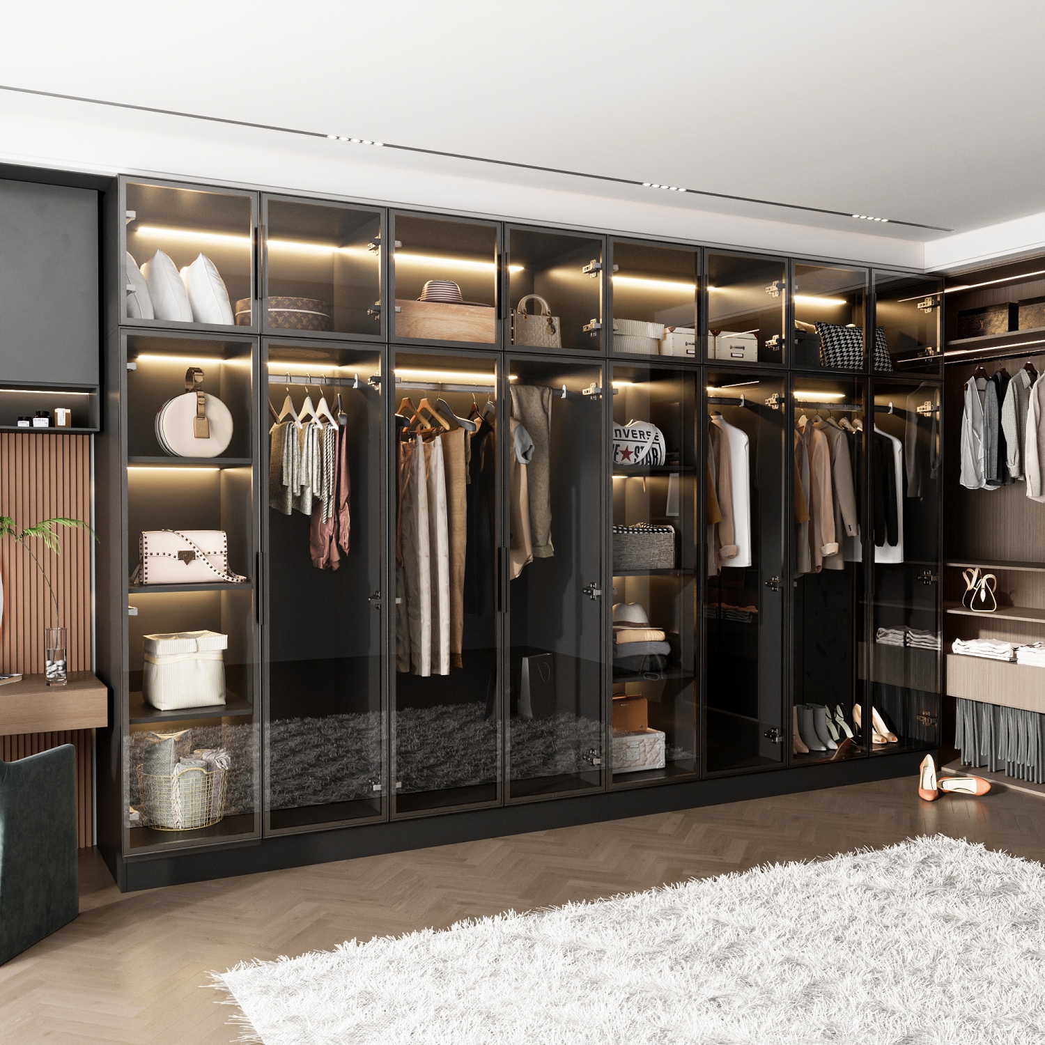 Armoire moderne noire Famapy avec éclairage intelligent et portes en verre – Amplement d'espace de rangement et design écologique, noir