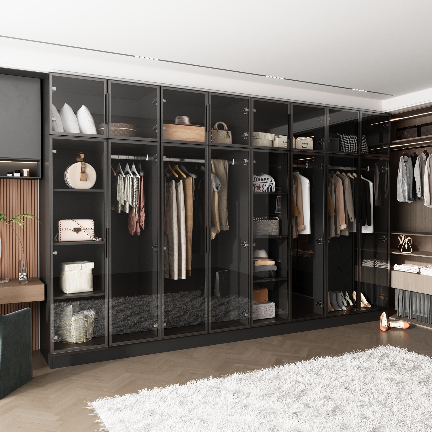 Armoire moderne noire Famapy avec éclairage intelligent et portes en verre – Amplement d'espace de rangement et design écologique, noir