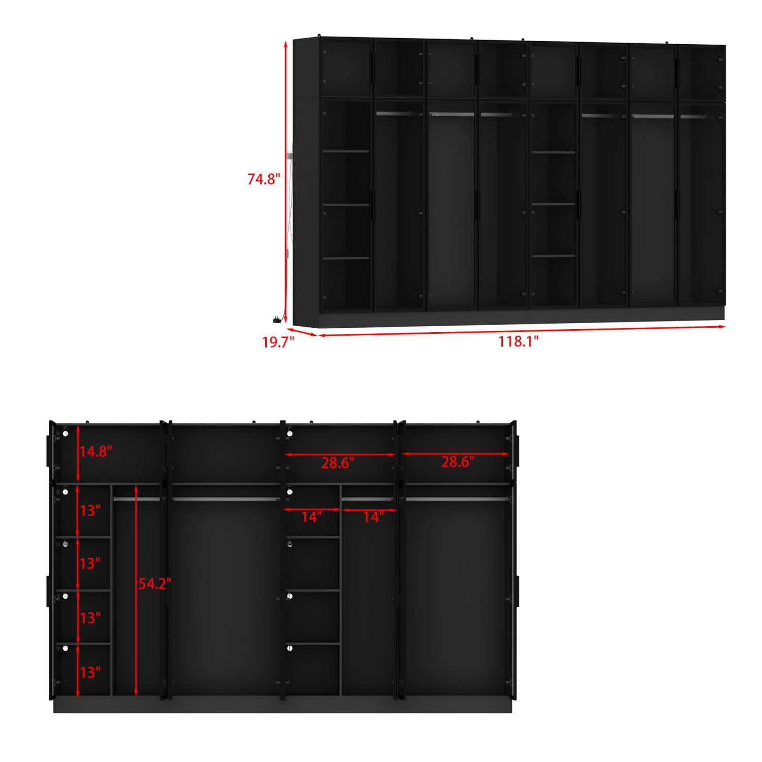 Armoire moderne noire Famapy avec éclairage intelligent et portes en verre – Amplement d'espace de rangement et design écologique, noir